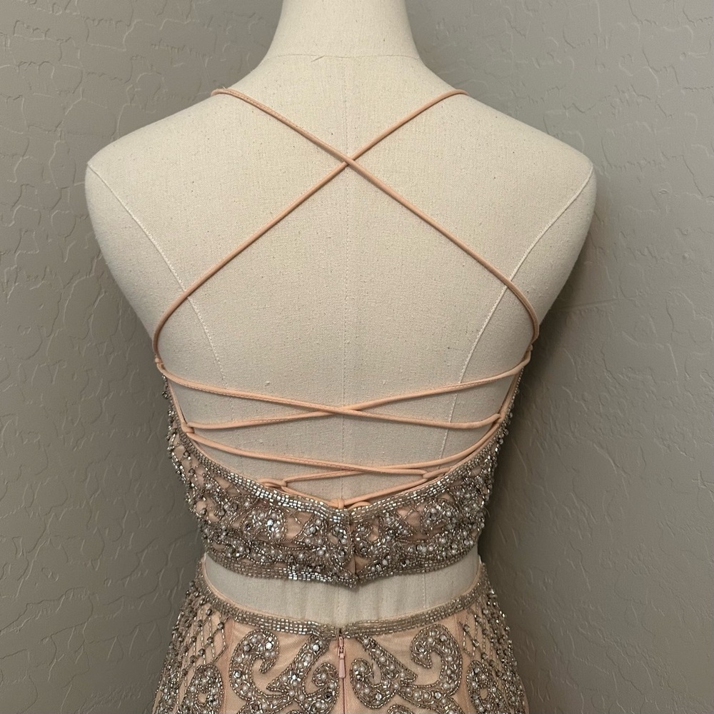 NEW PRIMAVERA BLUSH SZ 4 BEADED TWO PIECE TIE BACK FORMAL COCKTAIL DRESS - Picture 7 of 16